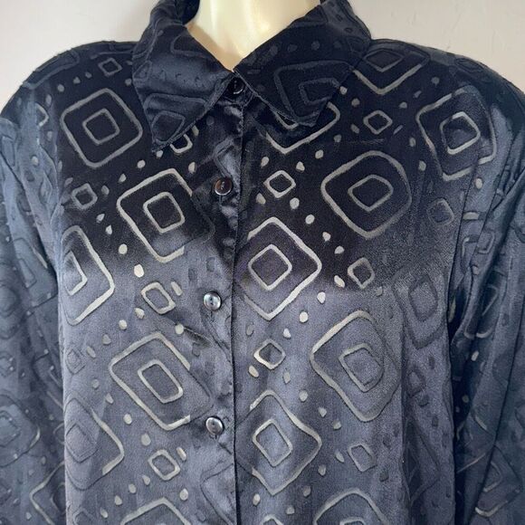 Vintage 80’s 90’s Geometric Sheer Black Oversized Button Down Shirt Size 1X - Picture 5 of 16